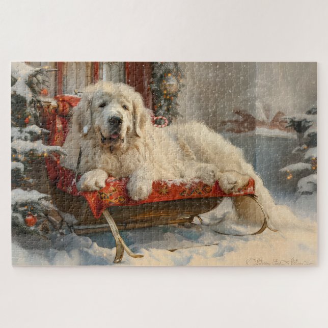 Quebra-cabeça Cão Grande Pirenéus Natal Festivo (Horizontal)