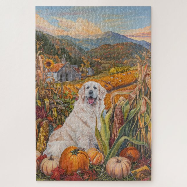 Quebra-cabeça Cão Great Pyrenees Colheita de Outono Dia de Ação  (Vertical)