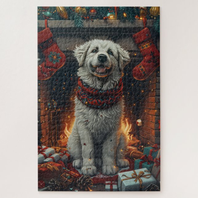 Quebra-cabeça Cão Great Pyrenees Com Presentes de Natal Lareira (Vertical)