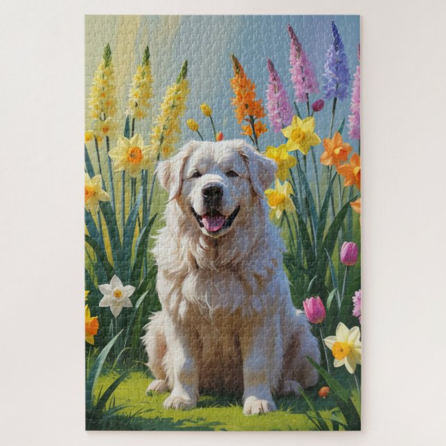Quebra-cabeça Cão Great Pyrenees Flores de Primavera Pintura (Vertical)