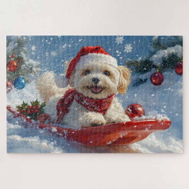Quebra-cabeça Cão Havanês no Trenó Deixe Nevar Natal (Horizontal)