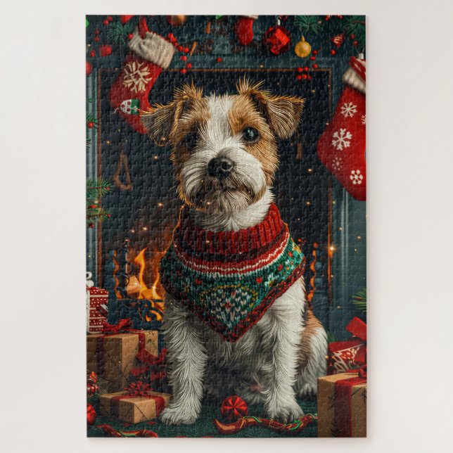 Quebra-cabeça Cão Jack Russell com Presentes de Natal Lareira (Vertical)