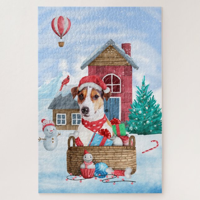 Quebra-cabeça Cão Jack Russell na Casa de Natal na Neve (Vertical)