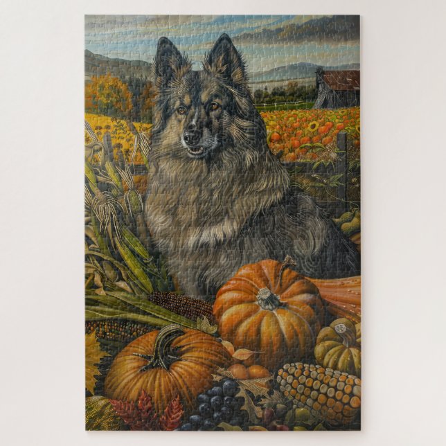 Quebra-cabeça Cão Keeshond Colheita de Outono Dia de Ação de Gra (Vertical)