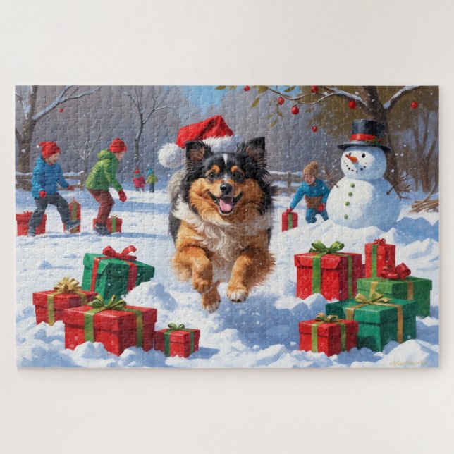 Quebra-cabeça Cão Keeshond Correndo na Neve com Chapéu de Natal (Horizontal)