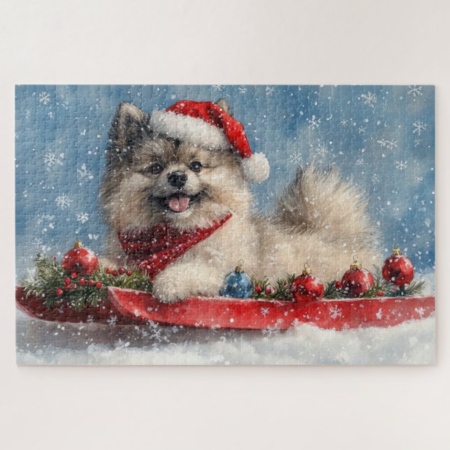 Quebra-cabeça Cão Keeshond em Trenó Deixe Nevar Natal (Horizontal)