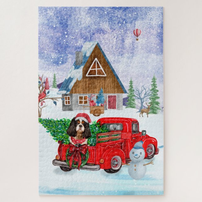 Quebra-cabeça Cão King Cavalier em Caminhão de Entrega de Natal  (Vertical)