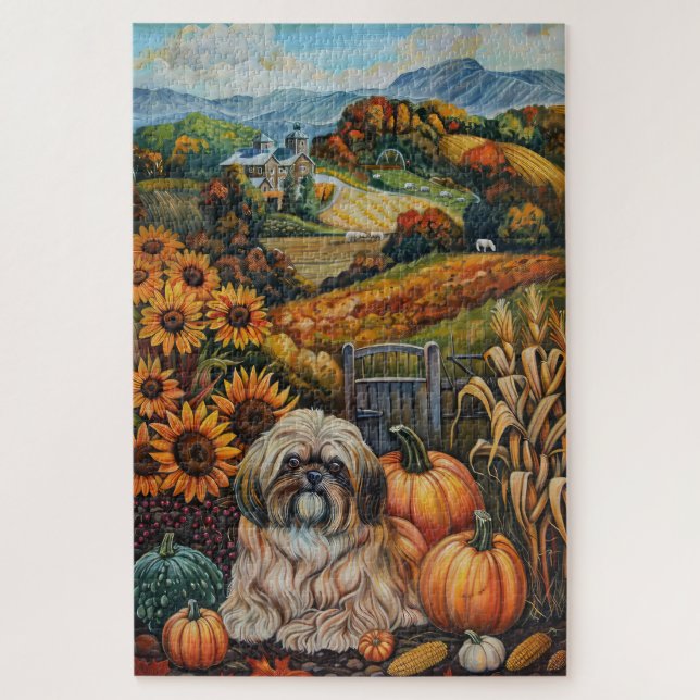 Quebra-cabeça Cão Lhasa Apso Ação de Graças da Colheita de Outon (Vertical)