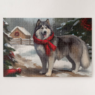 Quebra-cabeça Cão Malamute do Alasca na Neve Natal