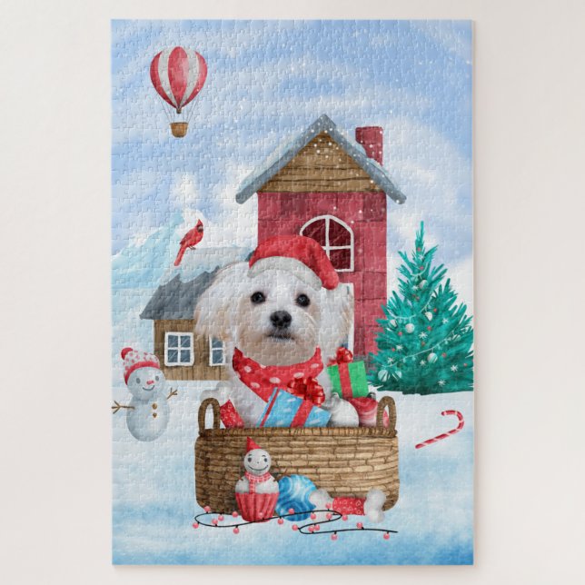 Quebra-cabeça Cão Maltês na Casa de Natal na Neve (Vertical)