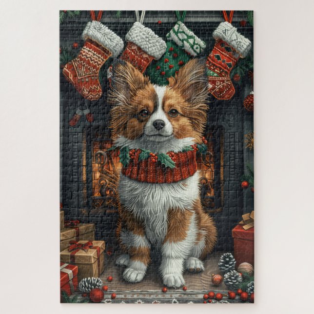 Quebra-cabeça Cão Papillon com Presentes de Natal Lareira (Vertical)