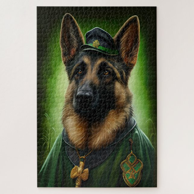 Quebra-cabeça Cão Pastor Alemão vestido para o Dia de São Patríc (Vertical)