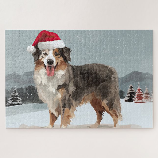 Quebra-cabeça Cão Pastor Australiano na Neve de Natal (Horizontal)