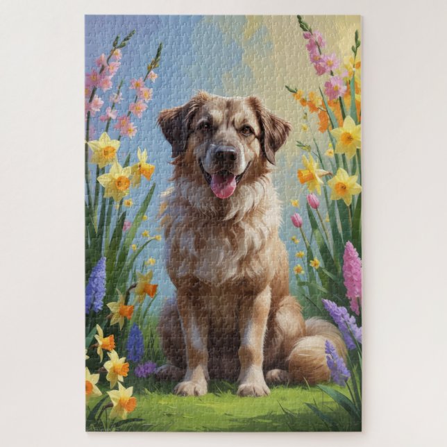 Quebra-cabeça Cão Pastor da Anatólia Pintura de Flores de Primav (Vertical)