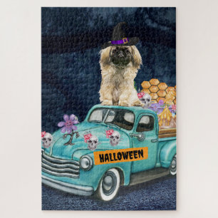 Quebra-cabeça Cão Pequinês Caminhão de Halloween Noite Assustado