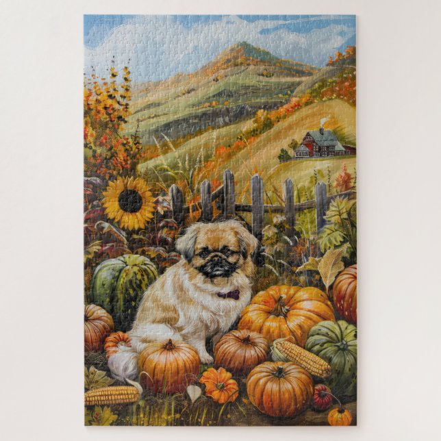 Quebra-cabeça Cão Pequinês Colheita de Outono Ação de Graças (Vertical)