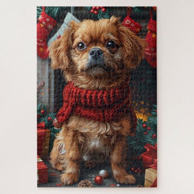 Quebra-cabeça Cão Pequinês Com Presentes De Natal Lareira (Vertical)