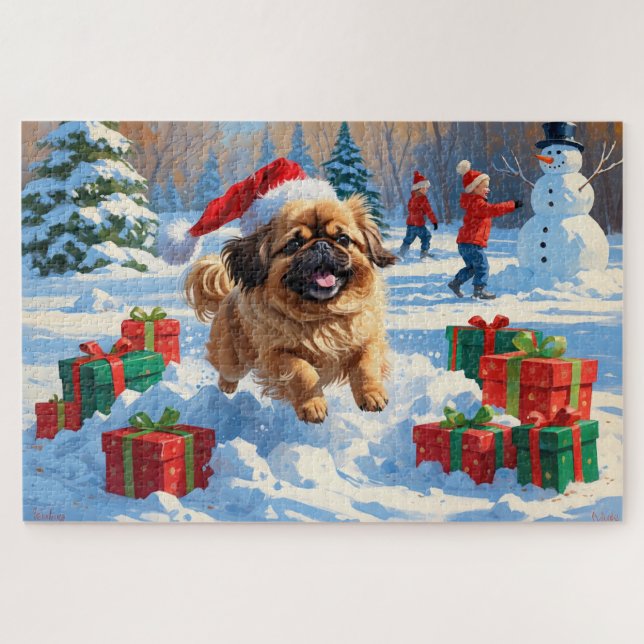 Quebra-cabeça Cão Pequinês Correndo na Neve com Chapéu de Natal (Horizontal)