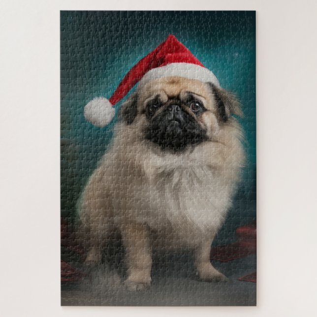 Quebra-cabeça Cão Pequinês na Neve Natal (Vertical)