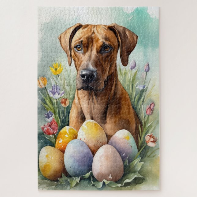 Quebra-cabeça Cão Rhodesian Ridgeback com Feriado de Ovos de Pás (Vertical)