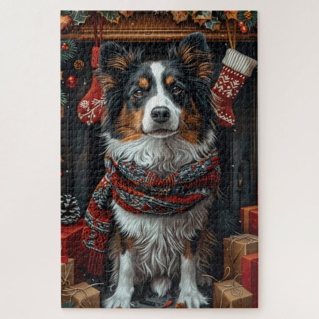 Quebra-cabeça Cão Rough Collie com Presentes de Natal na Lareira (Vertical)