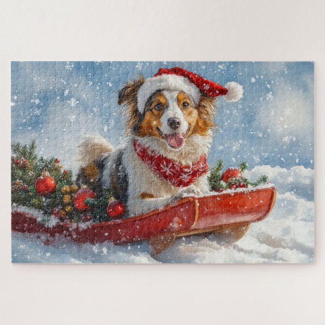 Quebra-cabeça Cão Rough Collie em Trenó Deixe Nevar Natal (Horizontal)