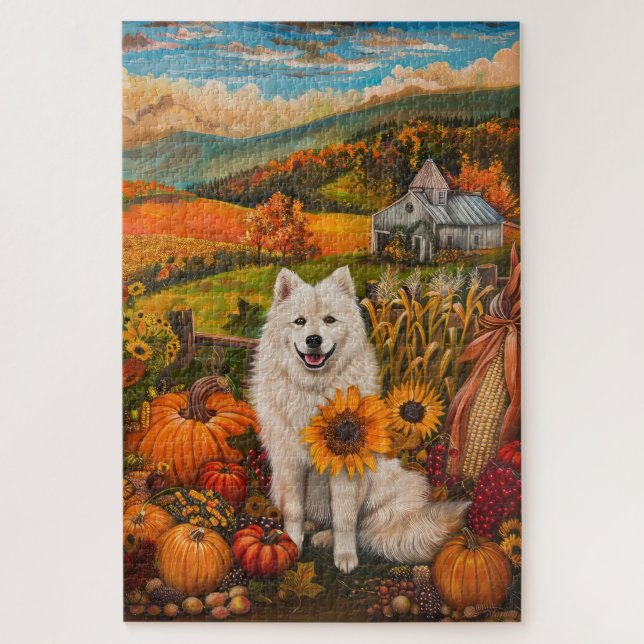 Quebra-cabeça Cão Samoyed Colheita de Outono Dia de Ação de Graç (Vertical)