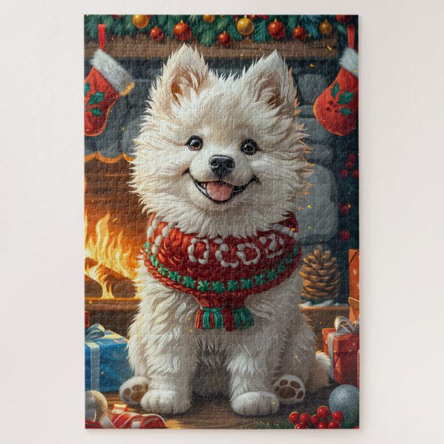 Quebra-cabeça Cão Samoyed com Presentes de Natal Lareira (Vertical)