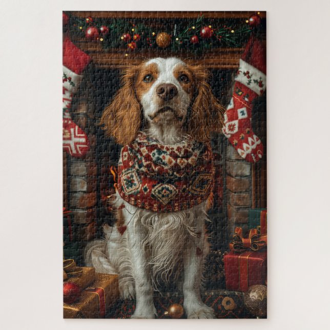 Quebra-cabeça Cão Setter Inglês Com Presentes De Natal Lareira (Vertical)