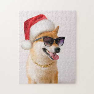 Quebra-cabeça Cão Shiba Inu em Papai Noel chapéus vermelhos