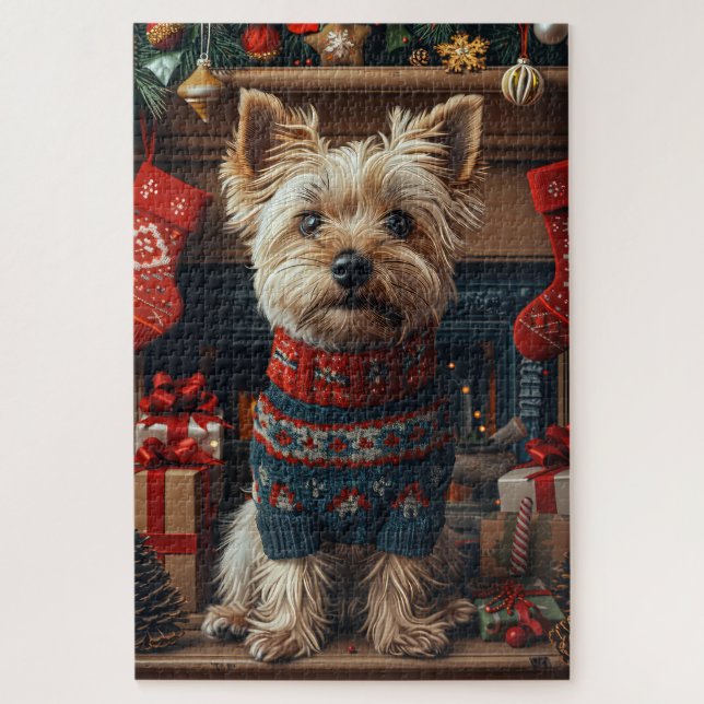 Quebra-cabeça Cão Skye Terrier Com Presentes De Natal Lareira (Vertical)