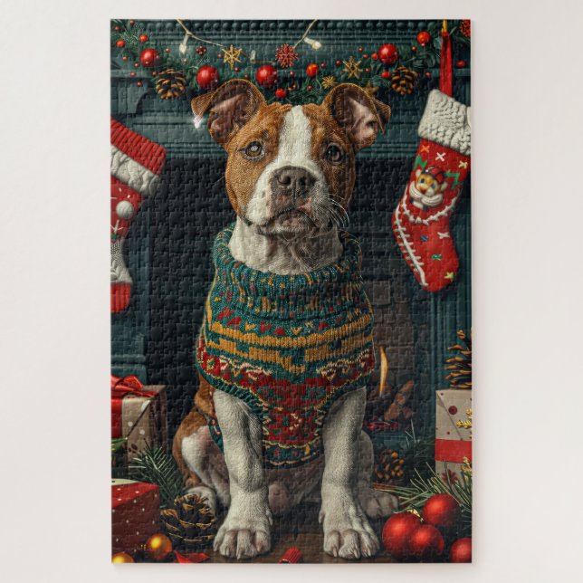 Quebra-cabeça Cão Staffordshire Americano Com Presentes de Natal (Vertical)