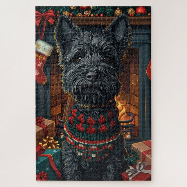 Quebra-cabeça Cão Terrier Escocês Com Presentes de Natal  (Vertical)