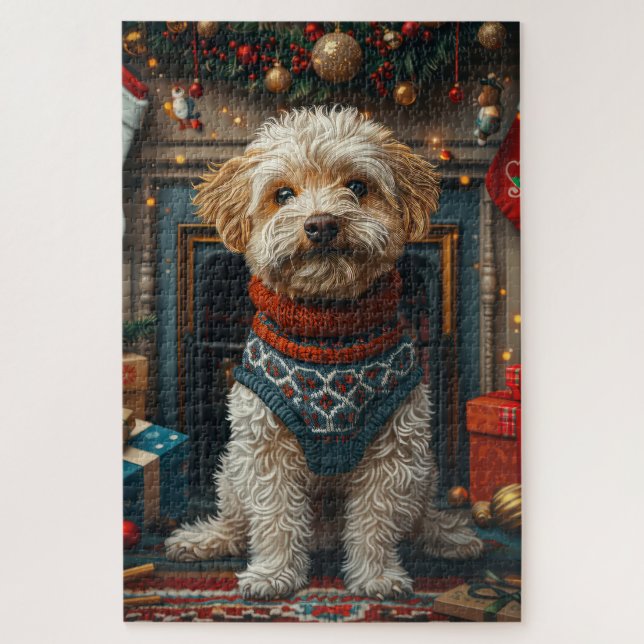 Quebra-cabeça Cão Terrier Tibetano com Presentes de Natal na Lar (Vertical)