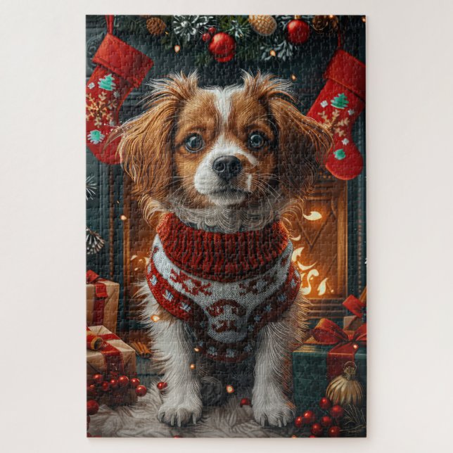 Quebra-cabeça Cão Terrier Tibetano com Presentes de Natal na Lar (Vertical)