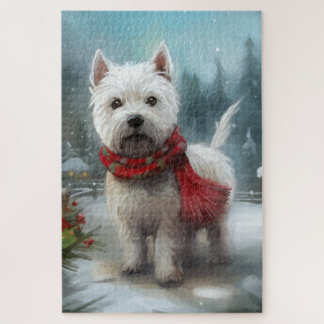 Quebra-cabeça Cão Terrier West Highland Branco na Neve Natal (Vertical)