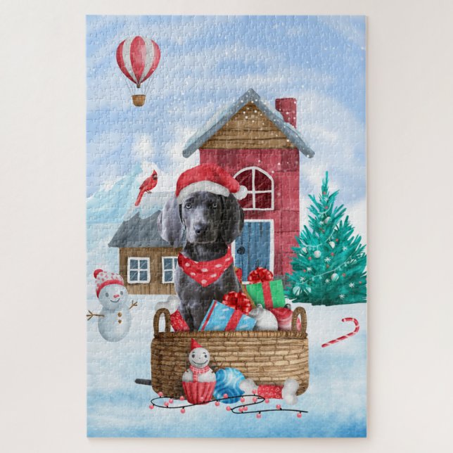 Quebra-cabeça Cão Weimaraner na Casa de Cachorro de Natal na Nev (Vertical)