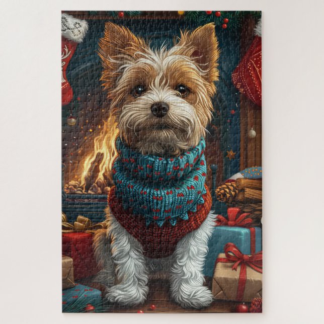 Quebra-cabeça Cão Wire Fox Terrier Com Presente de Natal na Lare (Vertical)