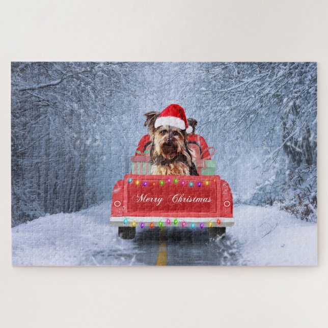 Quebra-cabeça Cão Yorkshire Terrier na neve sentado no Natal (Horizontal)