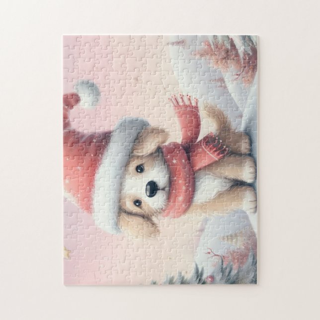 Quebra-cabeça Cãozinho de Natal bonito com chapéu de Santa (Vertical)