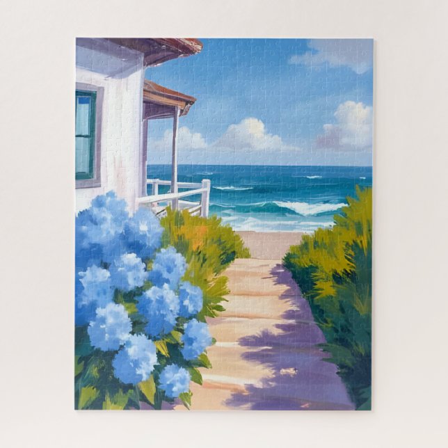 Quebra-cabeça Cape Cod Beach Path | Hydrangea Coastal Painting (Vertical)