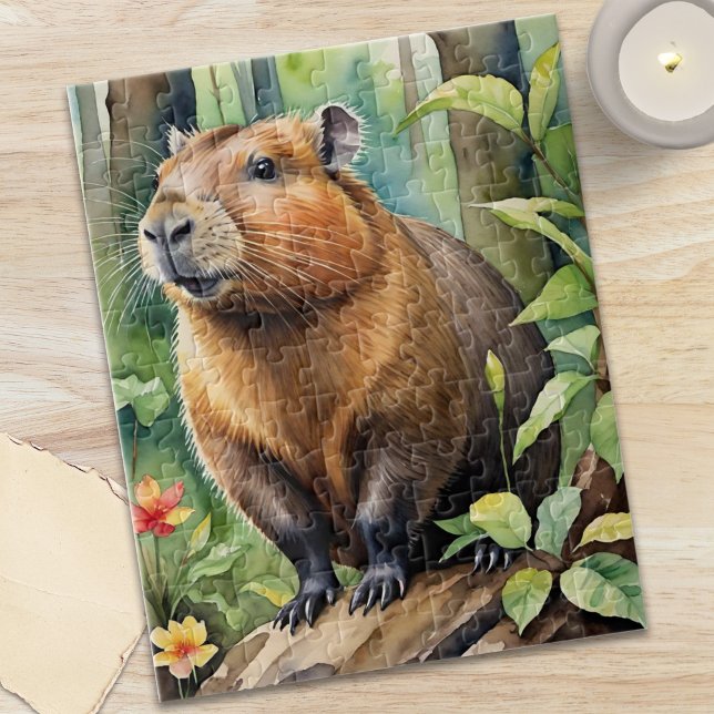 Quebra-cabeça Capivara Feliz no Animal Selvagem da Floresta Trop (Happy Capybara in Rainforest Wild Animal Jigsaw Puzzle)