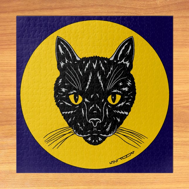Quebra-cabeça Cara de Gato Preto (Black Cat Face Puzzle on Table)