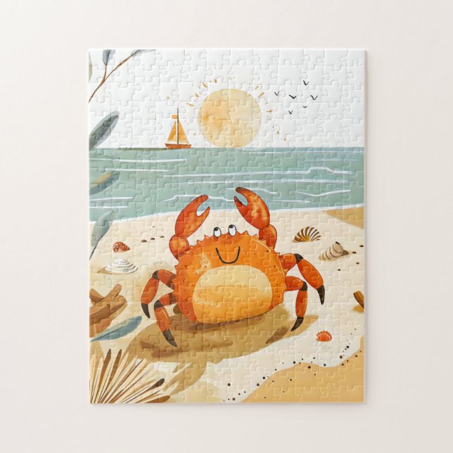 Quebra-cabeça Caranguejo de desenho animado na praia com barco a (Vertical)