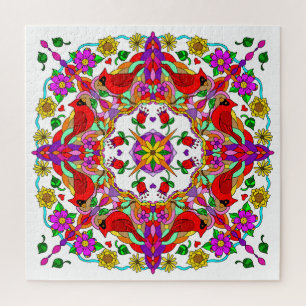 Quebra-cabeça Cardeais Coloridos bonito e Flores Mandala