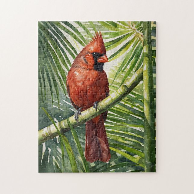 Quebra-cabeça Cardeal aquarela em uma palmeira (Vertical)