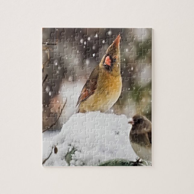 Quebra-cabeça Cardeal E Sparrow Na Neve (Vertical)