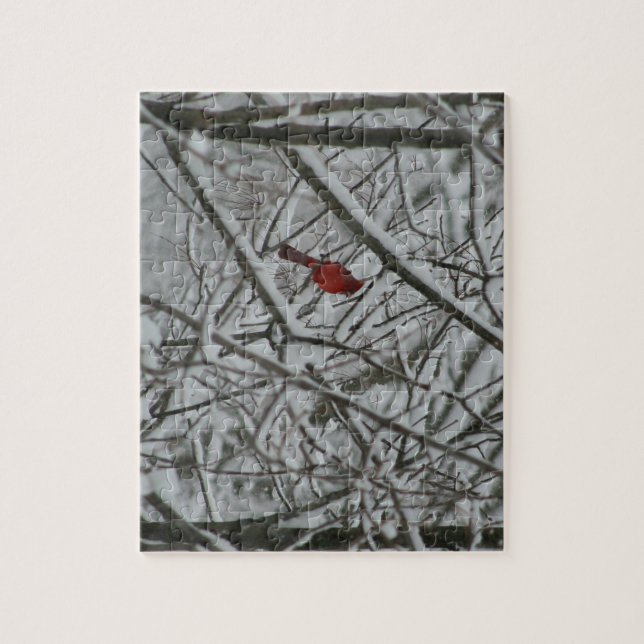 Quebra-cabeça Cardeal nas Árvores de Neve (Vertical)