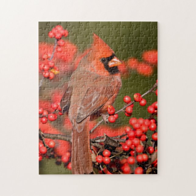 Quebra-cabeça Cardinal-do-norte em Winterberry Comum (Vertical)