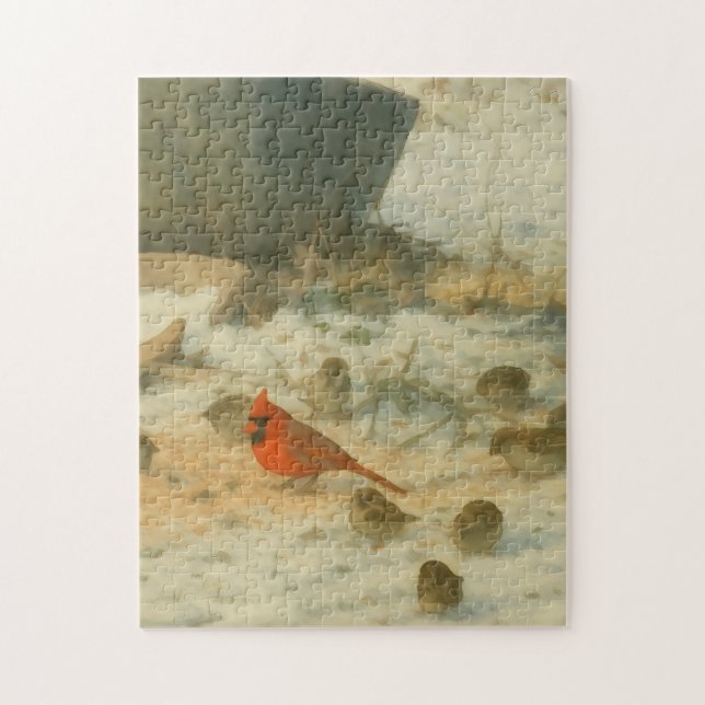 Quebra-cabeça Cardinal e Pardais em Aquarela de Inverno (Vertical)